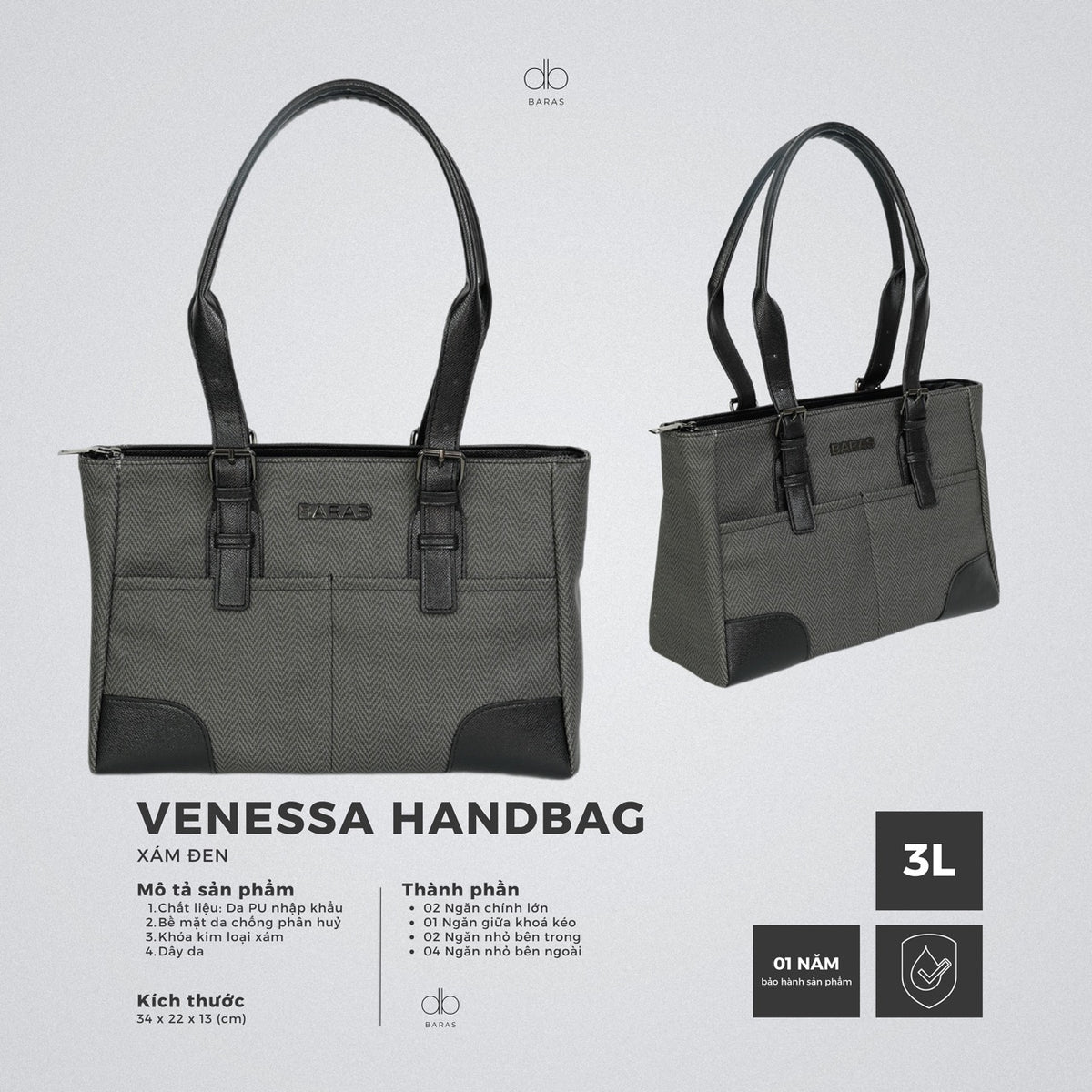 Túi xách da nữ Venessa Handbag - màu Xám