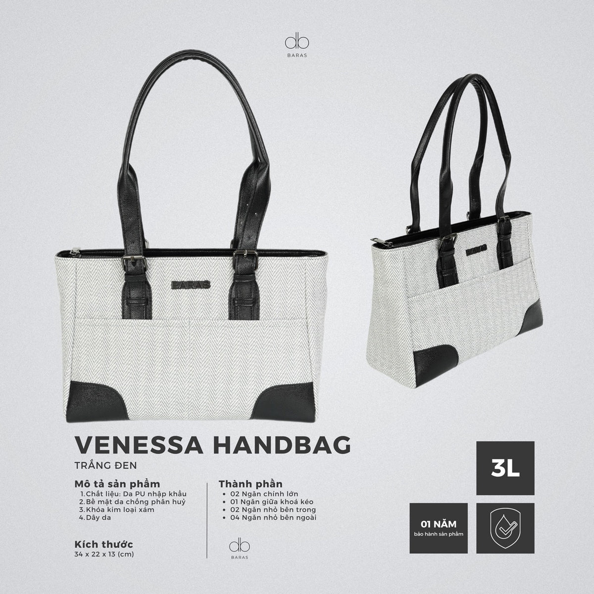 Túi xách da nữ Venessa Handbag - màu Trắng