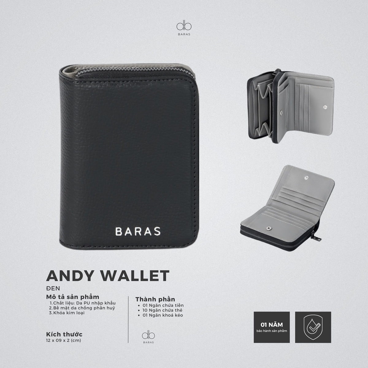 Ví da dáng đứng khoá kéo Andy Wallet