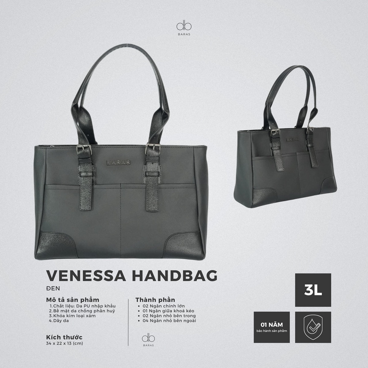 Túi xách da nữ Venessa Handbag - màu Đen