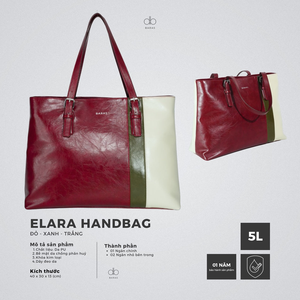 Túi xách da nữ Elara Handbag - màu Đỏ Trắng Xanh rêu
